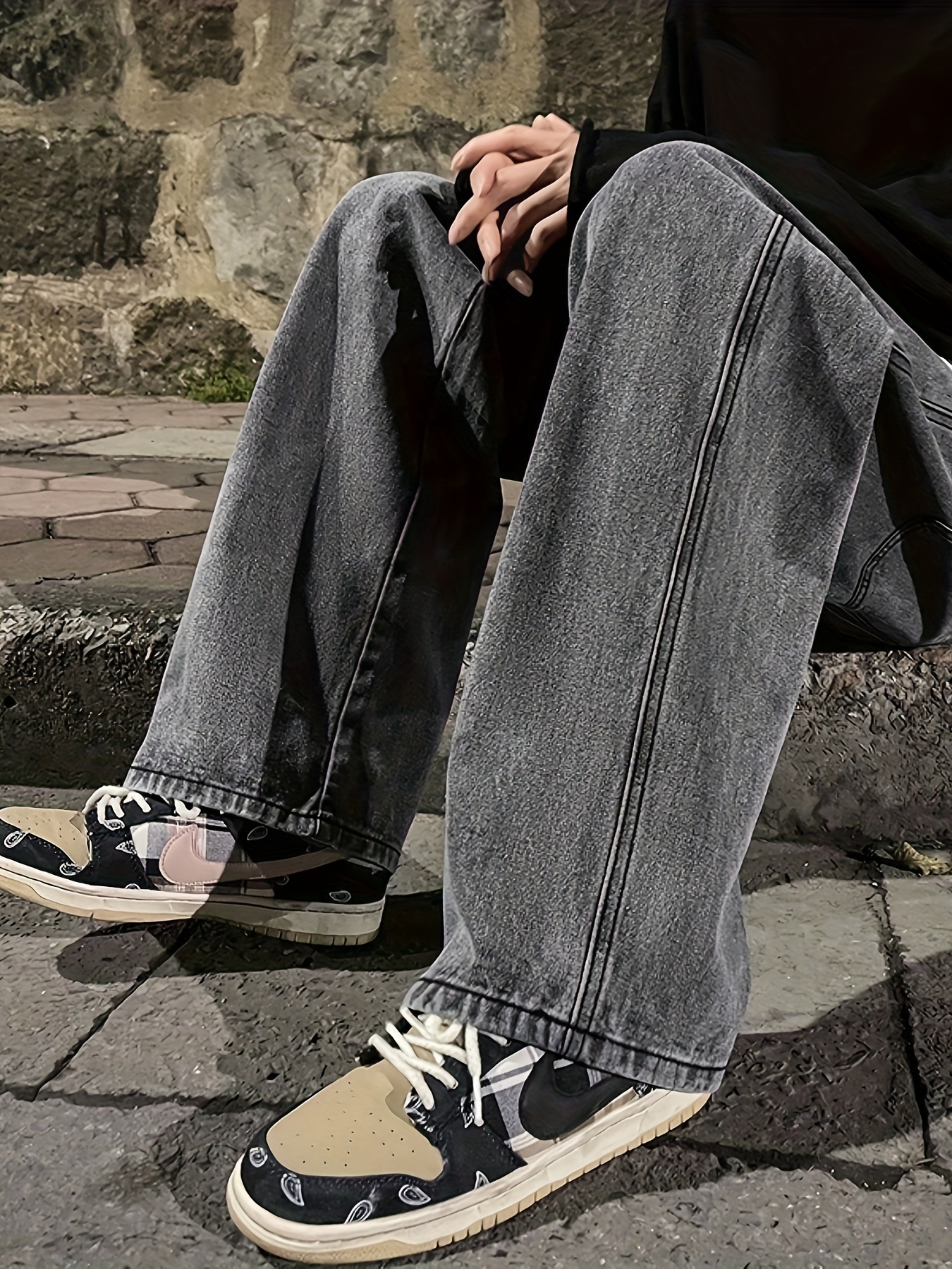 mens fashion solid loose fit straight leg jeans style denim pants for casual details 4