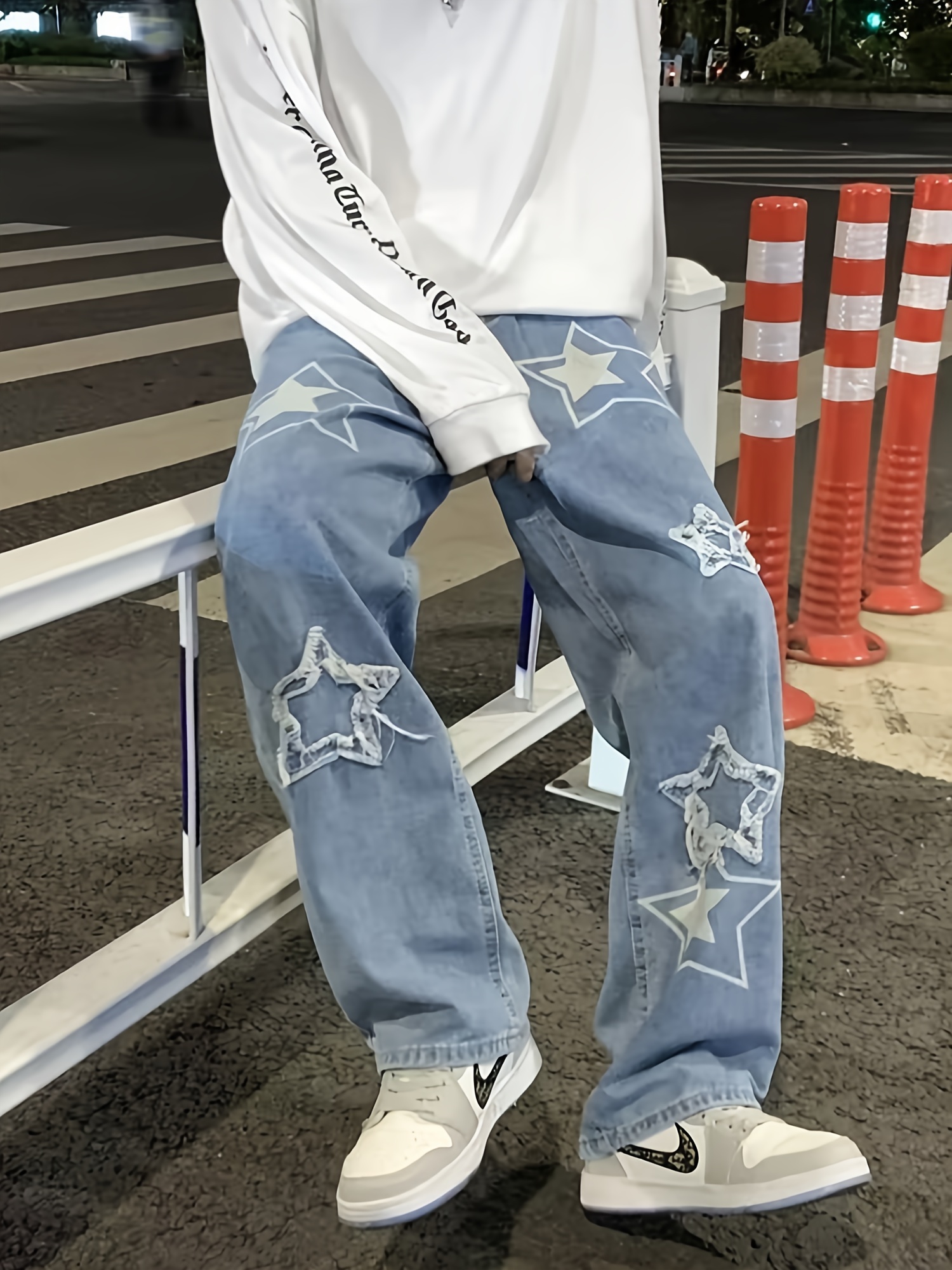 vintage mens korean denim pants y2k cltohes streetwear printed male baggy jeans straight trousers details 4