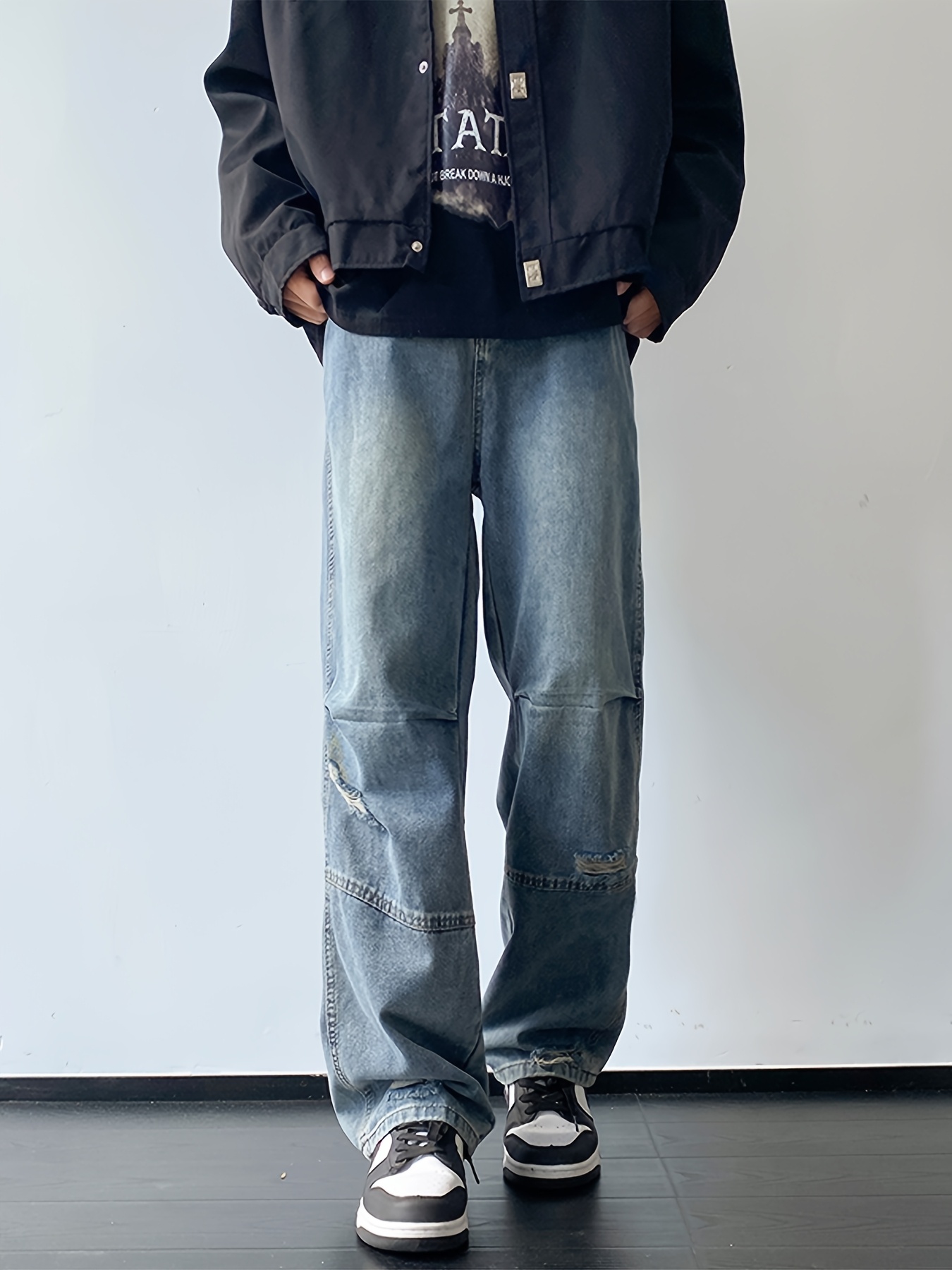 mens casual denim jeans with ripped waist regular fit non stretch solid with pockets zipper fly cotton denim for outdoor weekend activities details 0