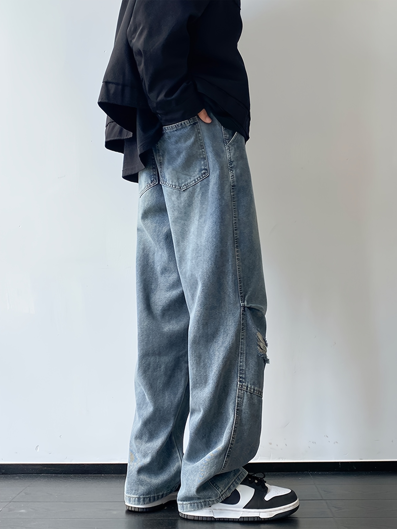 mens casual denim jeans with ripped waist regular fit non stretch solid with pockets zipper fly cotton denim for outdoor weekend activities details 1