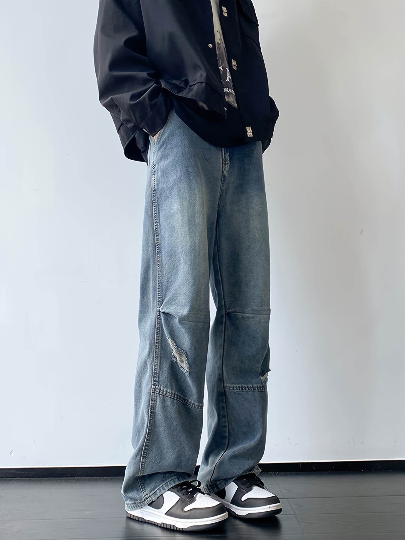 mens casual denim jeans with ripped waist regular fit non stretch solid with pockets zipper fly cotton denim for outdoor weekend activities details 4