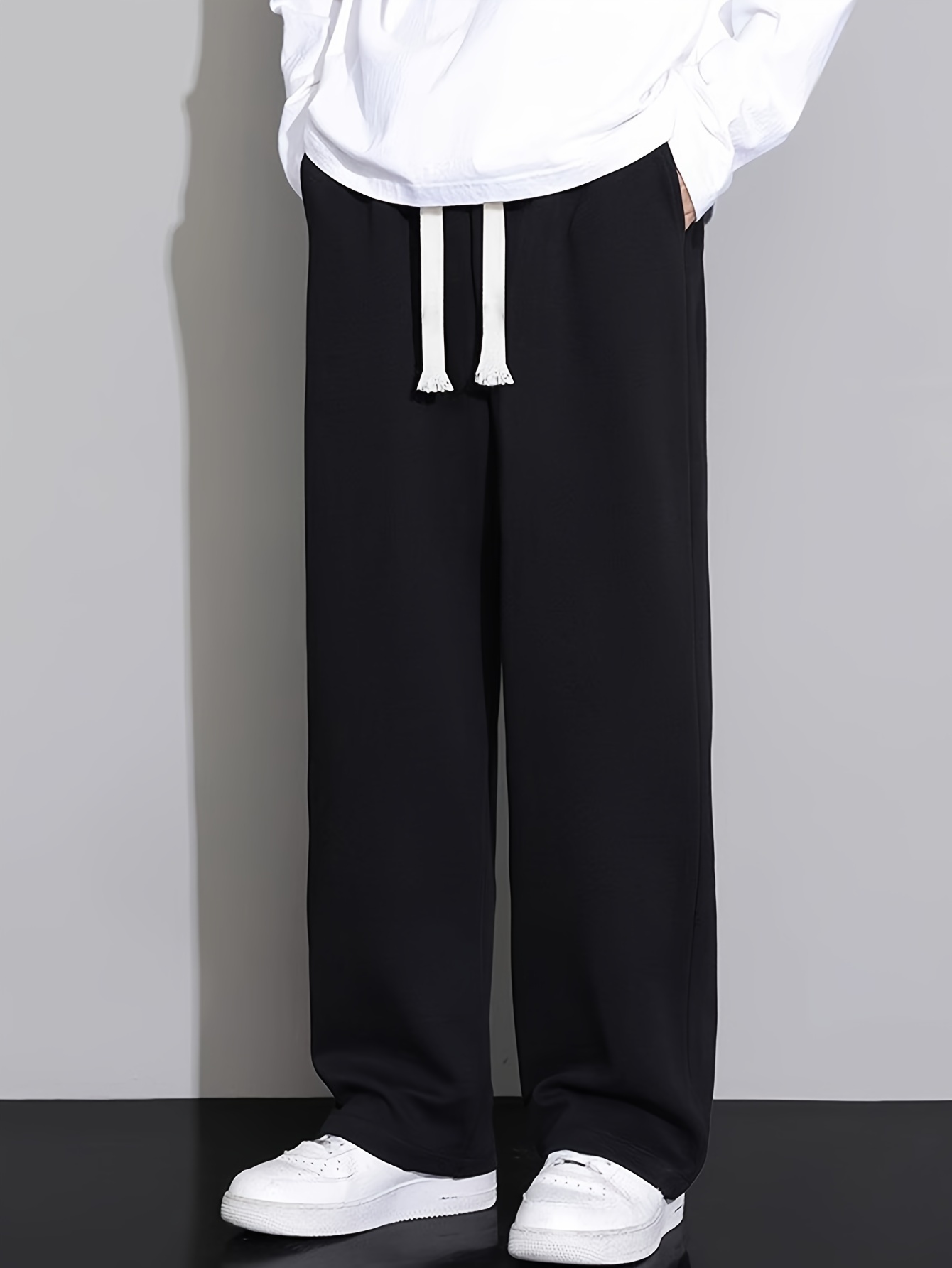 1pc mens casual cotton straight leg pants with drawstring waist solid color regular fit stretch knit fabric comfortable soft for weekend casual outdoor wear details 0