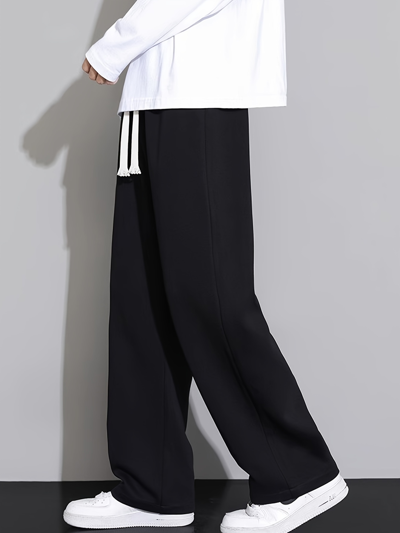 1pc mens casual cotton straight leg pants with drawstring waist solid color regular fit stretch knit fabric comfortable soft for weekend casual outdoor wear details 1