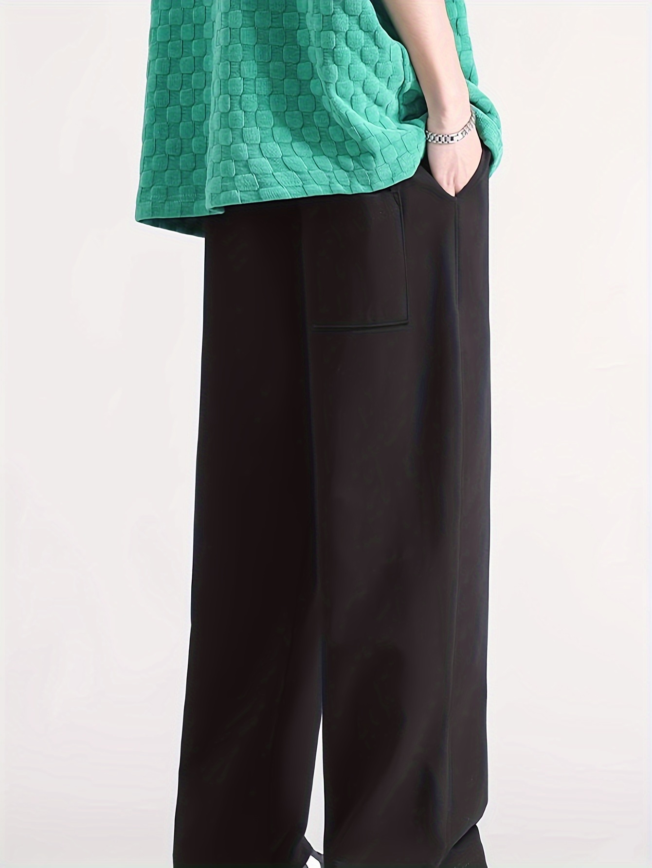 1pc mens casual cotton straight leg pants with drawstring waist solid color regular fit stretch knit fabric comfortable soft for weekend casual outdoor wear details 2