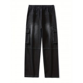 Men's Loose Gradient Color Denim Trousers With Pockets, Causal Drawstring Cotton Blend Jeans For Outdoor Activities
