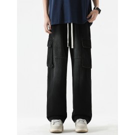Men's Loose Gradient Color Denim Trousers With Pockets, Causal Drawstring Cotton Blend Jeans For Outdoor Activities