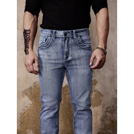 ESDVQ Men's Vintage-Inspired Embroidered Stretch Jeans - Slim Fit, Cotton Blend Denim with Pockets