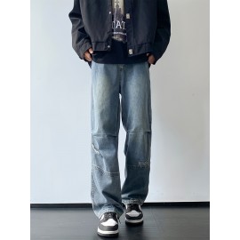 Men'S Casual Denim Jeans with Ripped Details, Mid Waist Regular Fit Non-Stretch Solid Color Jeans with Pockets, Zipper Fly All-Season Cotton Blend Denim for Outdoor Weekend Activities