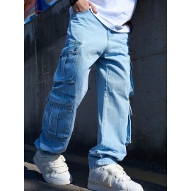 Men's Stylish Loose-Fit Cargo Jeans with Large Pockets - Casual Straight Leg Denim, Machine Washable