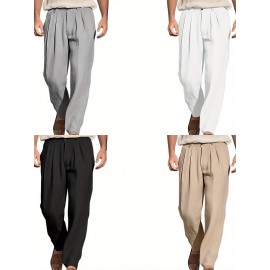 1pc Men'S Casual Wide Leg Pants - Cotton Blend, Solid Color, All-Season, Regular Fit, Slight Stretch, Woven Fabric, Mid Waist with Drawstring and Pleated Front - Versatile for Beach and Daily Wear