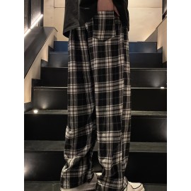 Men's Casual Plaid Long Pants With Drawstring - Basic Straight-Leg Trousers For Casual Wear