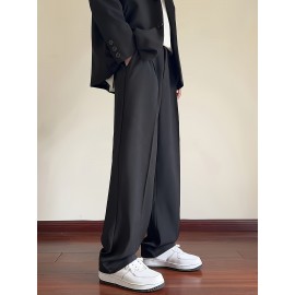 Men's Casual Fashion Pants, Versatile Solid Color, Polyester Fabric, Cropped Length