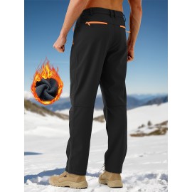 1pc ZUTY Men'S Fleece-Lined Waterproof Ski Pants, Softshell Color Block Sports Style with Zipper, Slight Stretch Polyester, Regular Fit for Snowboarding, Hiking - Woven Outdoor Trousers