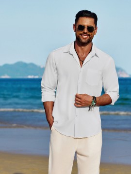 Men'S Polyester Chambray Casual Dress Shirt, Sexy Lapel Collar, Long Sleeve, Solid Color, Slight Stretch Fabric, with Front Slit Hem, Single Breasted Placket, for All-Season Party Wear