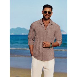 Men'S Polyester Chambray Casual Dress Shirt, Sexy Lapel Collar, Long Sleeve, Solid Color, Slight Stretch Fabric, with Front Slit Hem, Single Breasted Placket, for All-Season Party Wear