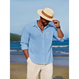 Men'S Polyester Chambray Casual Dress Shirt, Sexy Lapel Collar, Long Sleeve, Solid Color, Slight Stretch Fabric, with Front Slit Hem, Single Breasted Placket, for All-Season Party Wear