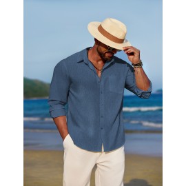 Men'S Polyester Chambray Casual Dress Shirt, Sexy Lapel Collar, Long Sleeve, Solid Color, Slight Stretch Fabric, with Front Slit Hem, Single Breasted Placket, for All-Season Party Wear