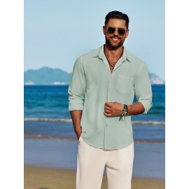 Men'S Polyester Chambray Casual Dress Shirt, Sexy Lapel Collar, Long Sleeve, Solid Color, Slight Stretch Fabric, with Front Slit Hem, Single Breasted Placket, for All-Season Party Wear