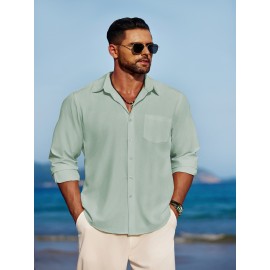 Men'S Polyester Chambray Casual Dress Shirt, Sexy Lapel Collar, Long Sleeve, Solid Color, Slight Stretch Fabric, with Front Slit Hem, Single Breasted Placket, for All-Season Party Wear