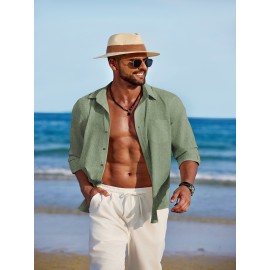 Men'S Polyester Chambray Casual Dress Shirt, Sexy Lapel Collar, Long Sleeve, Solid Color, Slight Stretch Fabric, with Front Slit Hem, Single Breasted Placket, for All-Season Party Wear