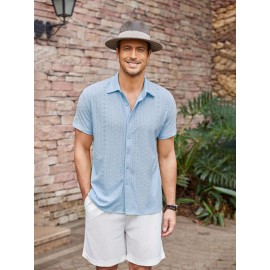 Men's Casual Button-Down Beach Shirt - Short Sleeve, Stretch Fabric, Summer Tropical Top with Turquoise Collar