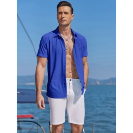 Men's Casual Button-Down Beach Shirt - Short Sleeve, Stretch Fabric, Summer Tropical Top with Turquoise Collar