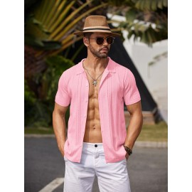 Men'S Summer Casual Knit Button-Down Lapel Shirts - Regular Fit, Slight Stretch Fabric, Solid Color Short Sleeve Casual Shirt with Button Detail