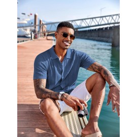 Men'S Summer Casual Knit Button-Down Lapel Shirts - Regular Fit, Slight Stretch Fabric, Solid Color Short Sleeve Casual Shirt with Button Detail