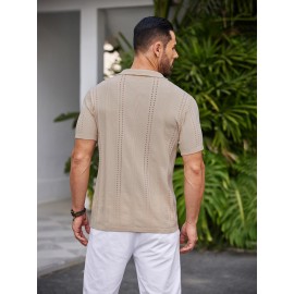 Men'S Summer Casual Knit Button-Down Lapel Shirts - Regular Fit, Slight Stretch Fabric, Solid Color Short Sleeve Casual Shirt with Button Detail