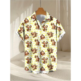 Trendy Collared, Men's Novelty Geometric Print Button-Up Shirt - Casual, Breathable Polyester, Machine Washable