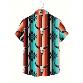 Men's Western Style Bull Skull 3D Print Casual Shirt, Button Front Short Sleeve Top, Men's Clothes For Daily Wear/Party