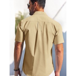 Men's Casual Button Down Cotton Shirts Short Sleeve Band Collar Beach Summer Shirt Tops