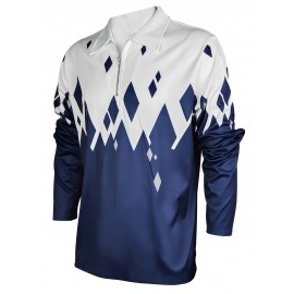 1pc Men'S Geometric-Patterned Polyester Golf Shirt - Knit Fabric with Slight Stretch, Regular Fit, Lapel Collar, Button Details, Long Sleeve, Flip Collar for Fall/Winter - Ideal for Outdoor Sports & Parties