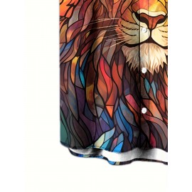 1pc Men'S Casual Short Sleeve Shirt with 3D Lion Print, Polyester Woven Fabric, Slight Stretch, Regular Fit, Lapel Collar - Animal Pattern Design