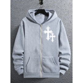 Men's Fashion Geometric Cross Print Hoodie with Comfort Pockets, Full Zip Regular Fit Polyester Knit Fabric Hooded Sweatshirt with Slight Stretch - All Season Style