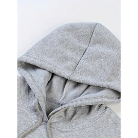 Men's Polyester Hooded Sweatshirt with Geometric Leaf Applique, Sports Style Active Hoodie with Slight Stretch, Regular Fit Knit Fabric Pullover - Casual Hip Hop Streetwear