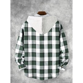 Fashionable And Versatile Men's College Style Casual Plaid Hoodies Button Drawstring Shirt Jacket, Suitable For Outdoor